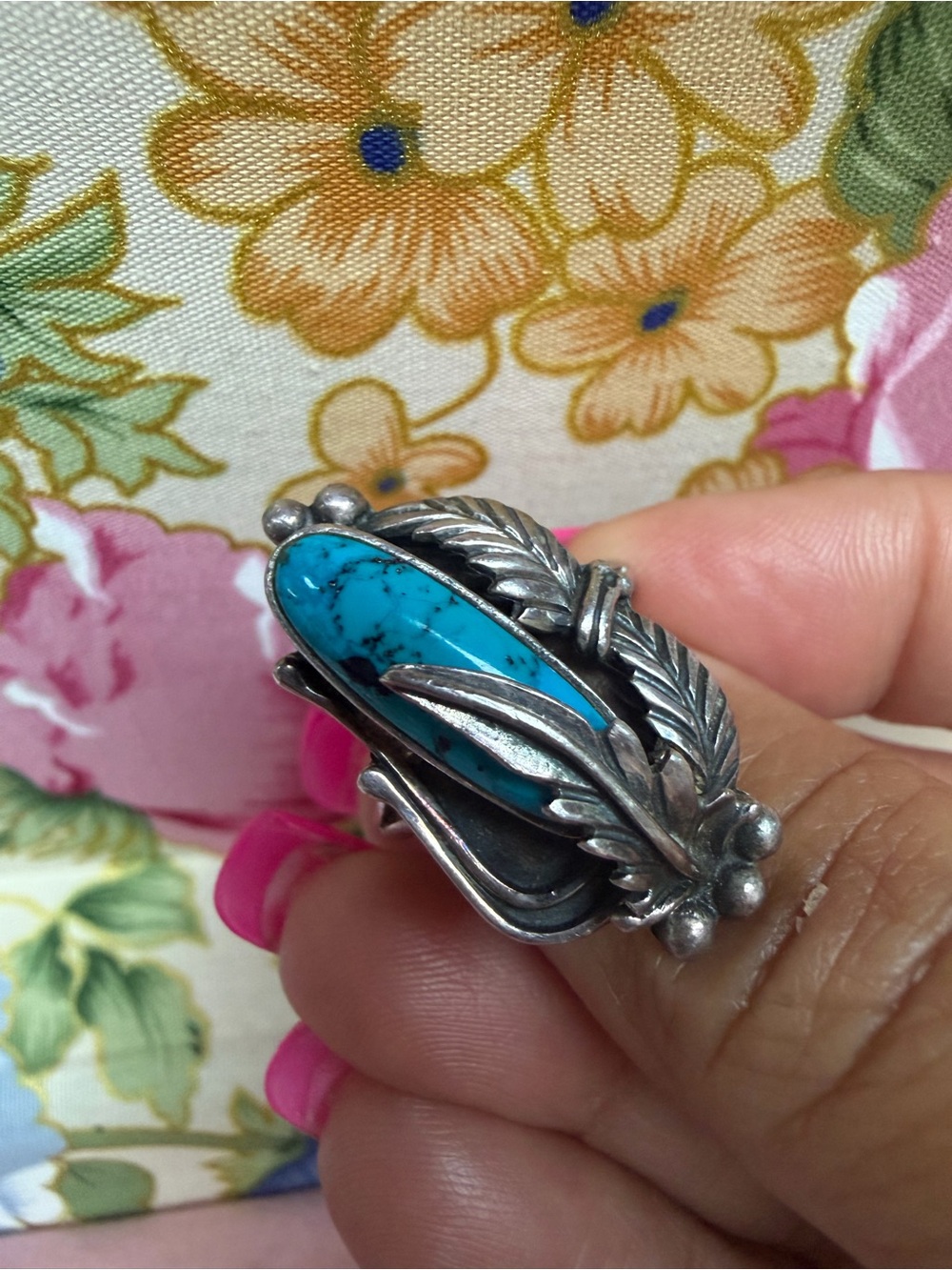 Sterling Silver Turquoise Leaf Ring - Vintage Style